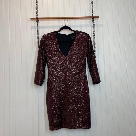 Express Women’s Sequined Burgundy V-Neck Mini Sheath Dress Size 4 - Picture 1 of 7